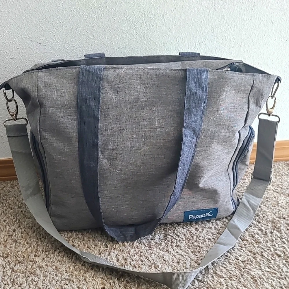 Multi Access Grey Baby Bag With Cheveron Interior